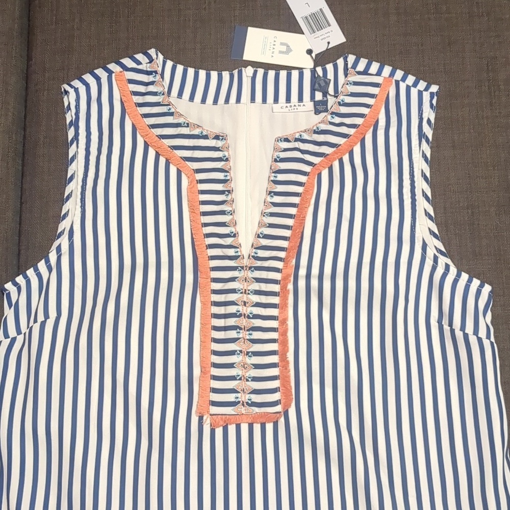 CABANA LIFE Embroided- Blue/White Striped Pockets Sleeveless Mini Dress UPF50 + - Picture 5 of 13